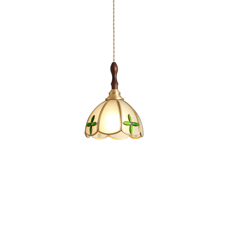 Traditional Tiffany Water Pattern Flower Small Beads Stained Glass Copper 1-Light Pendant Light For Bedroom