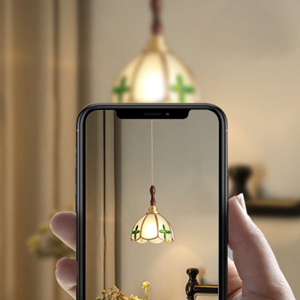 Traditional Tiffany Water Pattern Flower Small Beads Stained Glass Copper 1-Light Pendant Light For Bedroom