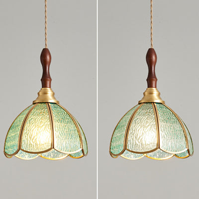 Traditional Tiffany Water Pattern Flower Small Beads Stained Glass Copper 1-Light Pendant Light For Bedroom
