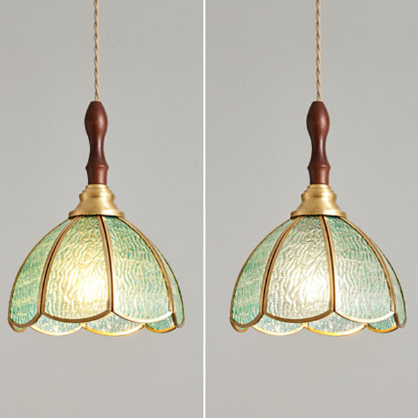 Traditional Tiffany Water Pattern Flower Small Beads Stained Glass Copper 1-Light Pendant Light For Bedroom