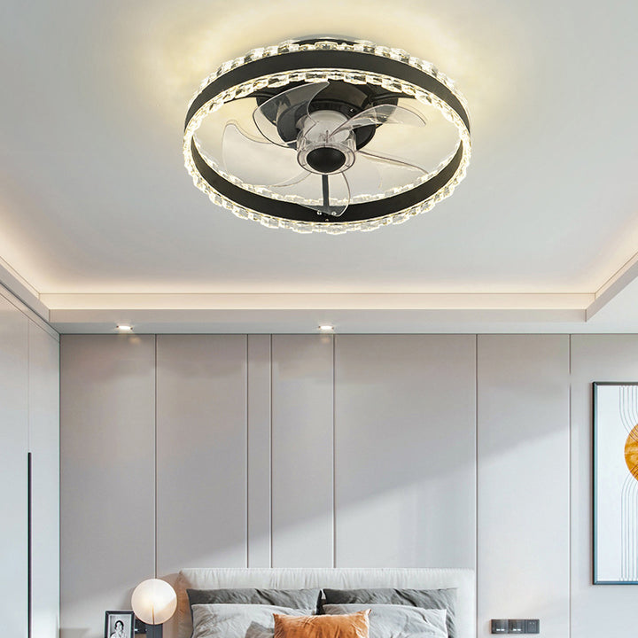 Ventilateur de plafond LED rond en fer, aluminium et acrylique nordique contemporain pour chambre 