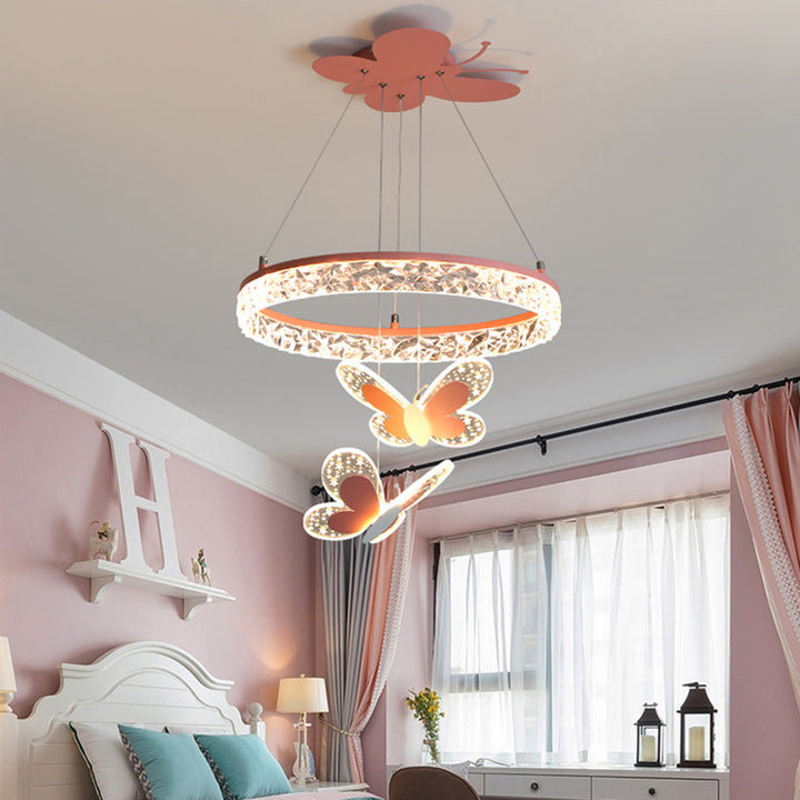 Zeitgenössischer Kreativer Kinder Runder Cartoon Schmetterling Acryl Eisen LED Kronleuchter Für Schlafzimmer 