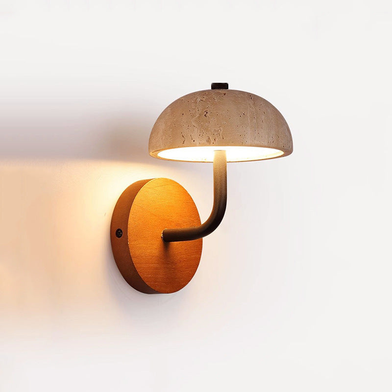 Traditional Japanese Dome Mushroom Yellow Travertine Wood Base LED Wall Sconce Lamp For Living Room