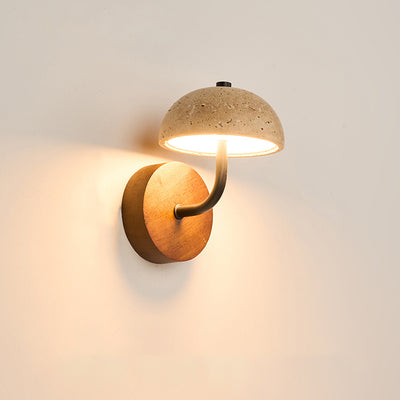 Traditional Japanese Dome Mushroom Yellow Travertine Wood Base LED Wall Sconce Lamp For Living Room