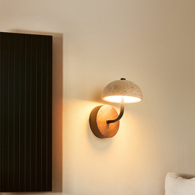 Traditional Japanese Dome Mushroom Yellow Travertine Wood Base LED Wall Sconce Lamp For Living Room