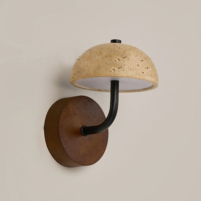 Traditional Japanese Dome Mushroom Yellow Travertine Wood Base LED Wall Sconce Lamp For Living Room