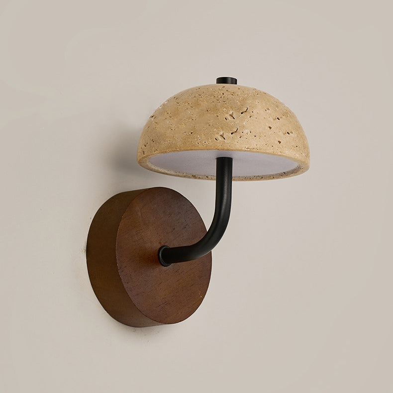 Traditional Japanese Dome Mushroom Yellow Travertine Wood Base LED Wall Sconce Lamp For Living Room