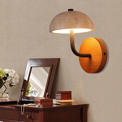 Traditional Japanese Dome Mushroom Yellow Travertine Wood Base LED Wall Sconce Lamp For Living Room