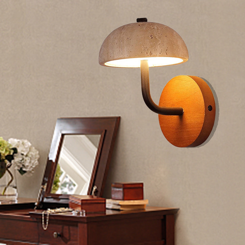 Traditional Japanese Dome Mushroom Yellow Travertine Wood Base LED Wall Sconce Lamp For Living Room