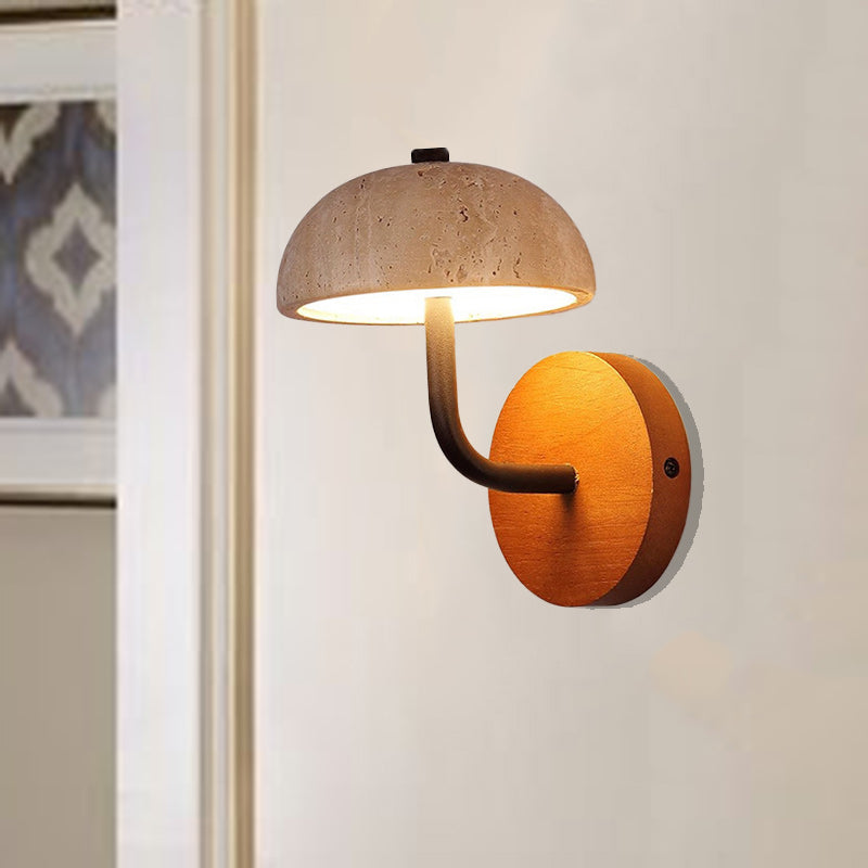 Traditional Japanese Dome Mushroom Yellow Travertine Wood Base LED Wall Sconce Lamp For Living Room