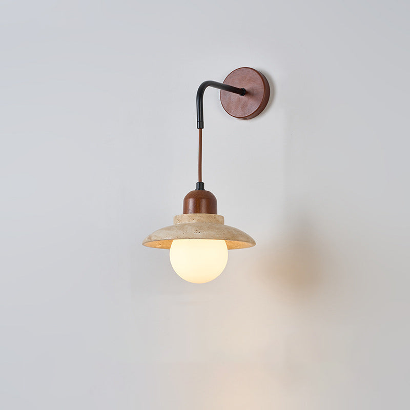 Traditional Japanese Dome Cylinder Cone Yellow Travertine Wood 1-Light Wall Sconce Lamp For Living Room