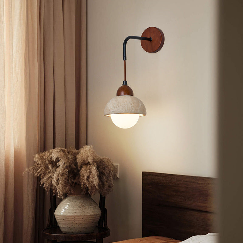 Traditional Japanese Dome Cylinder Cone Yellow Travertine Wood 1-Light Wall Sconce Lamp For Living Room