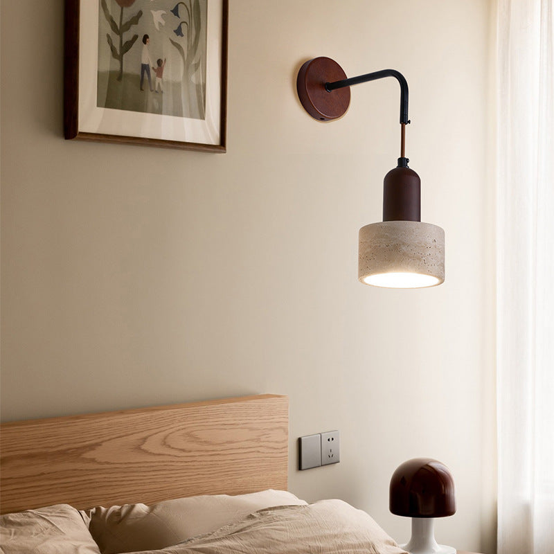 Traditional Japanese Dome Cylinder Cone Yellow Travertine Wood 1-Light Wall Sconce Lamp For Living Room