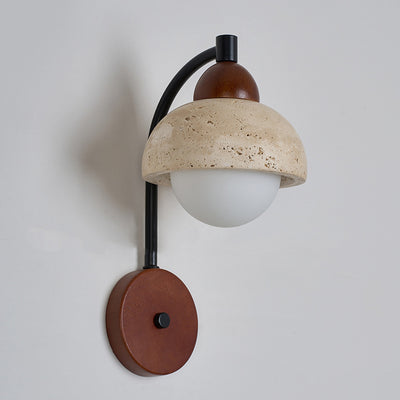 Traditional Japanese Dome Cylinder Cone Yellow Travertine Wood 1-Light Wall Sconce Lamp For Living Room
