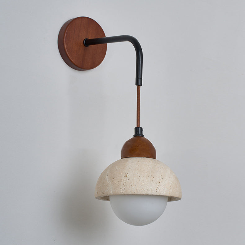 Traditional Japanese Dome Cylinder Cone Yellow Travertine Wood 1-Light Wall Sconce Lamp For Living Room