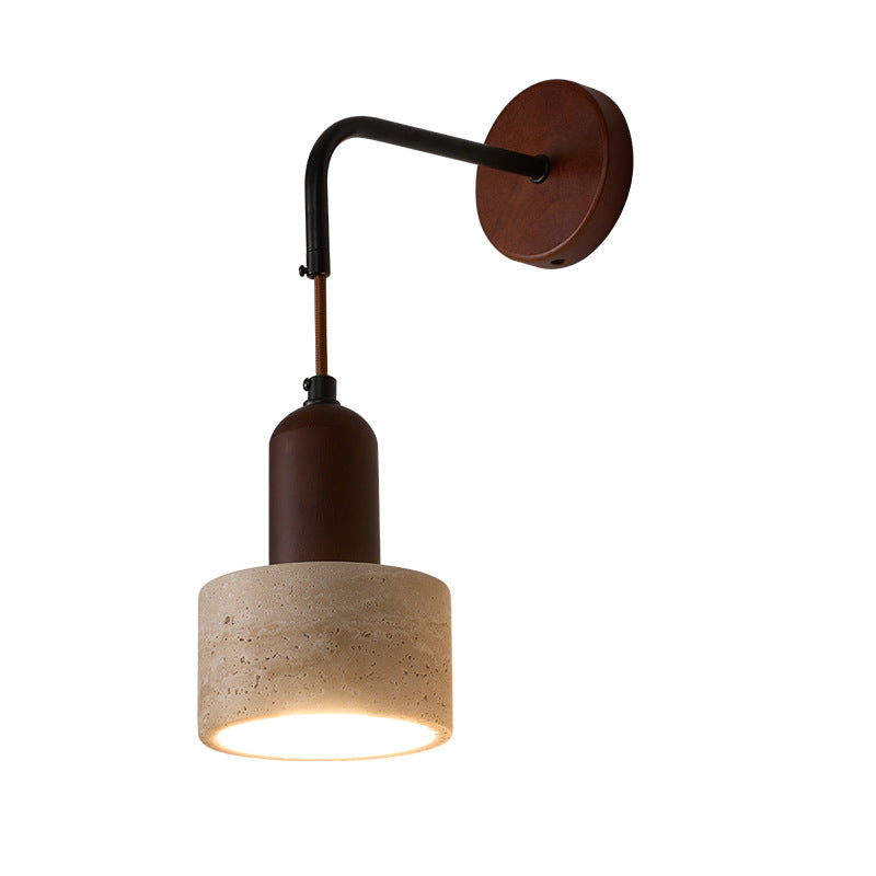 Traditional Japanese Dome Cylinder Cone Yellow Travertine Wood 1-Light Wall Sconce Lamp For Living Room
