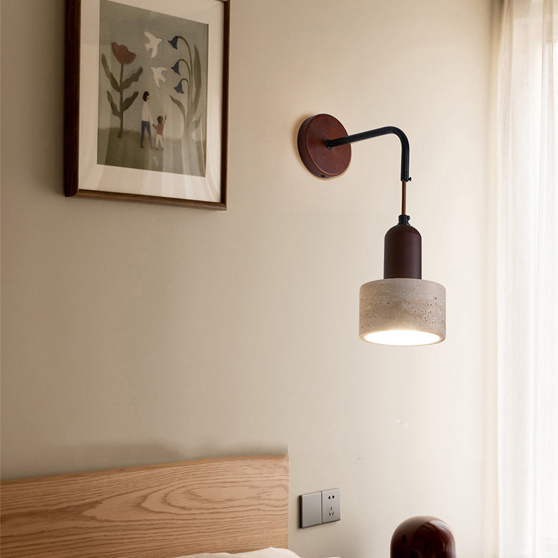 Traditional Japanese Dome Cylinder Cone Yellow Travertine Wood 1-Light Wall Sconce Lamp For Living Room