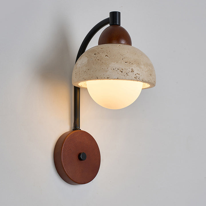 Traditional Japanese Dome Cylinder Cone Yellow Travertine Wood 1-Light Wall Sconce Lamp For Living Room