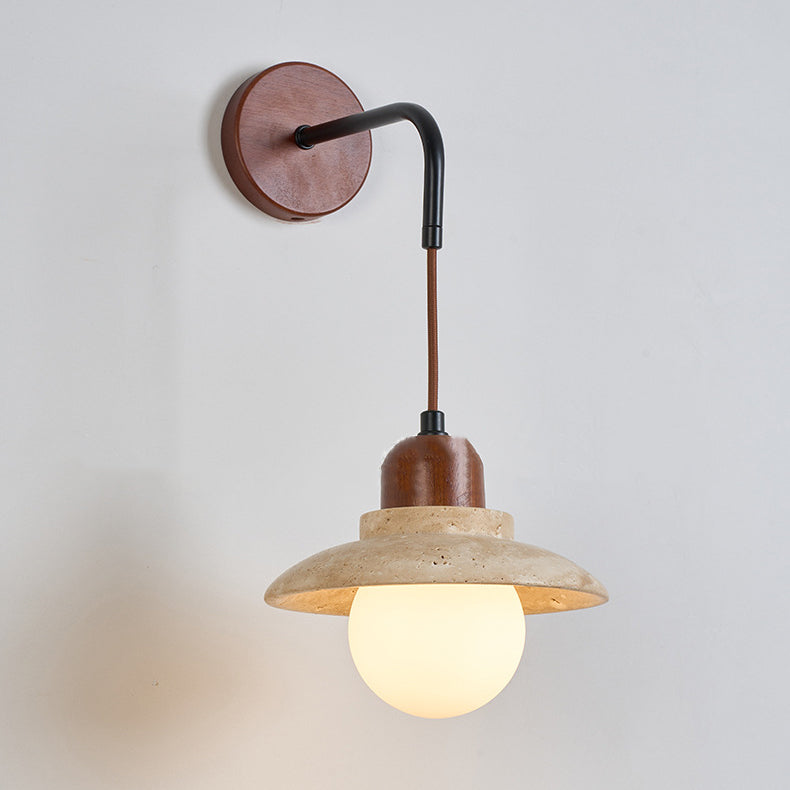 Traditional Japanese Dome Cylinder Cone Yellow Travertine Wood 1-Light Wall Sconce Lamp For Living Room