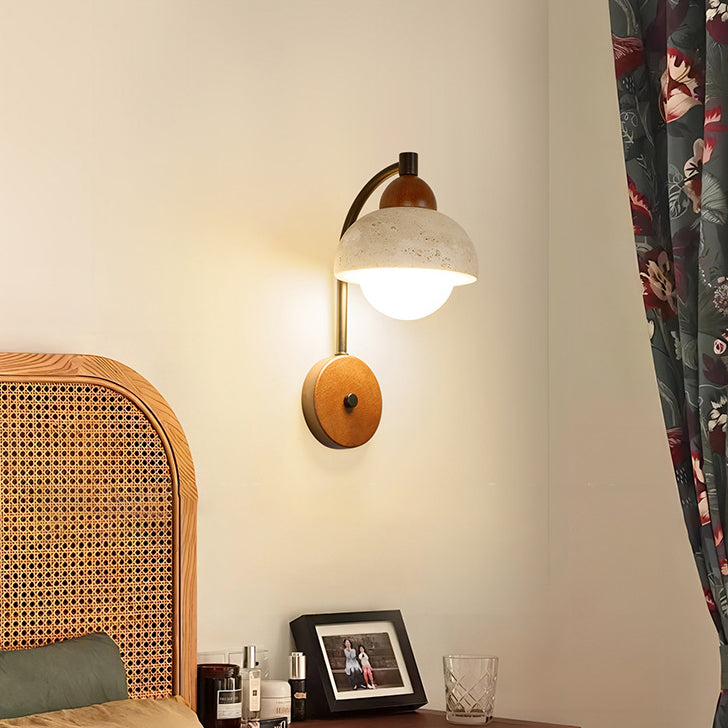 Traditional Japanese Dome Cylinder Cone Yellow Travertine Wood 1-Light Wall Sconce Lamp For Living Room