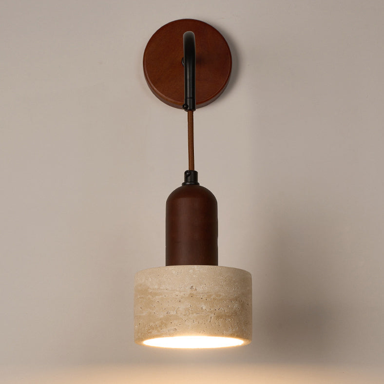 Traditional Japanese Dome Cylinder Cone Yellow Travertine Wood 1-Light Wall Sconce Lamp For Living Room