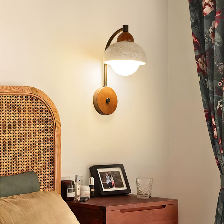 Traditionelle japanische Kuppel Zylinder Kegel Gelber Travertin Holz 1-Licht Wandleuchte für Wohnzimmer 