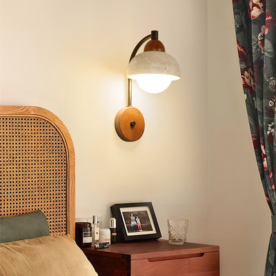 Traditional Japanese Dome Cylinder Cone Yellow Travertine Wood 1-Light Wall Sconce Lamp For Living Room
