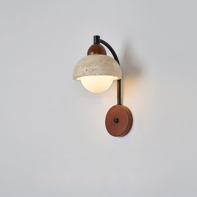 Traditional Japanese Dome Cylinder Cone Yellow Travertine Wood 1-Light Wall Sconce Lamp For Living Room