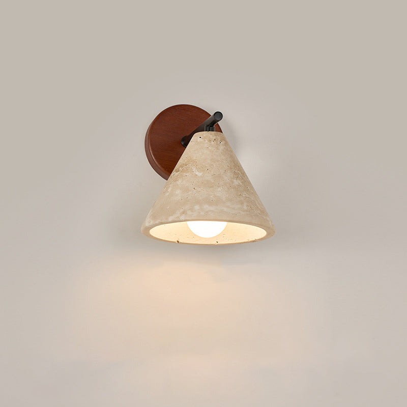 Traditional Japanese Dome Cylinder Cone Yellow Travertine Wood 1-Light Wall Sconce Lamp For Living Room