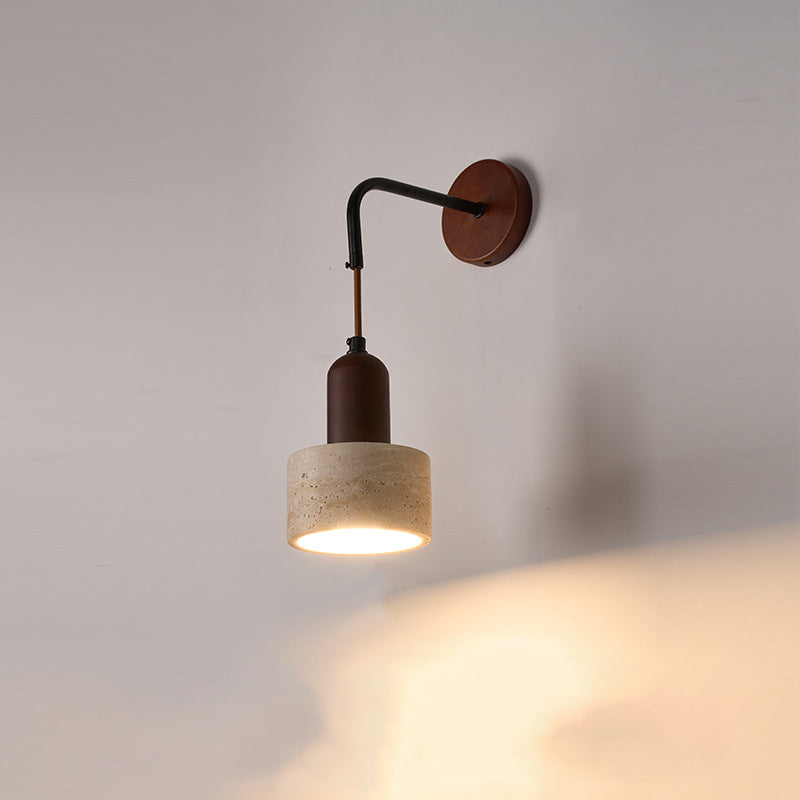 Traditional Japanese Dome Cylinder Cone Yellow Travertine Wood 1-Light Wall Sconce Lamp For Living Room