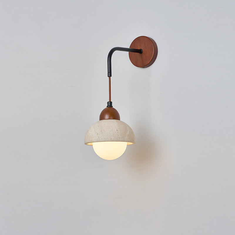 Traditional Japanese Dome Cylinder Cone Yellow Travertine Wood 1-Light Wall Sconce Lamp For Living Room