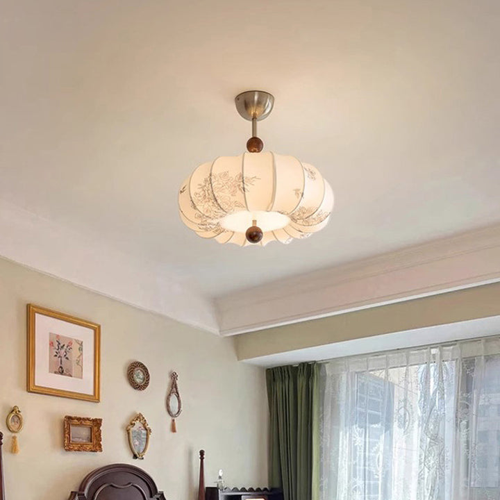 Contemporary Retro Pumpkin Fabric Hardware 1-Light Pendant Light For Living Room