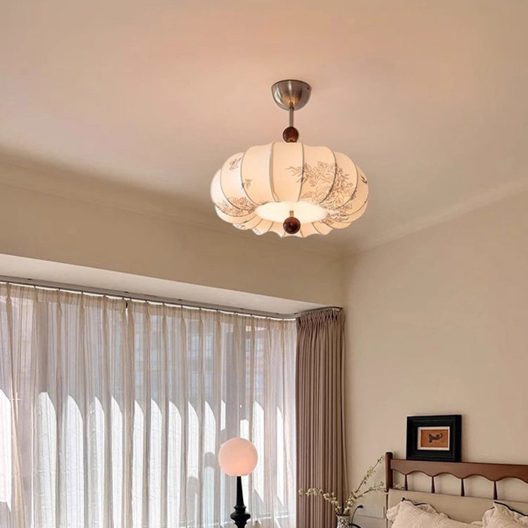 Contemporary Retro Pumpkin Fabric Hardware 1-Light Pendant Light For Living Room