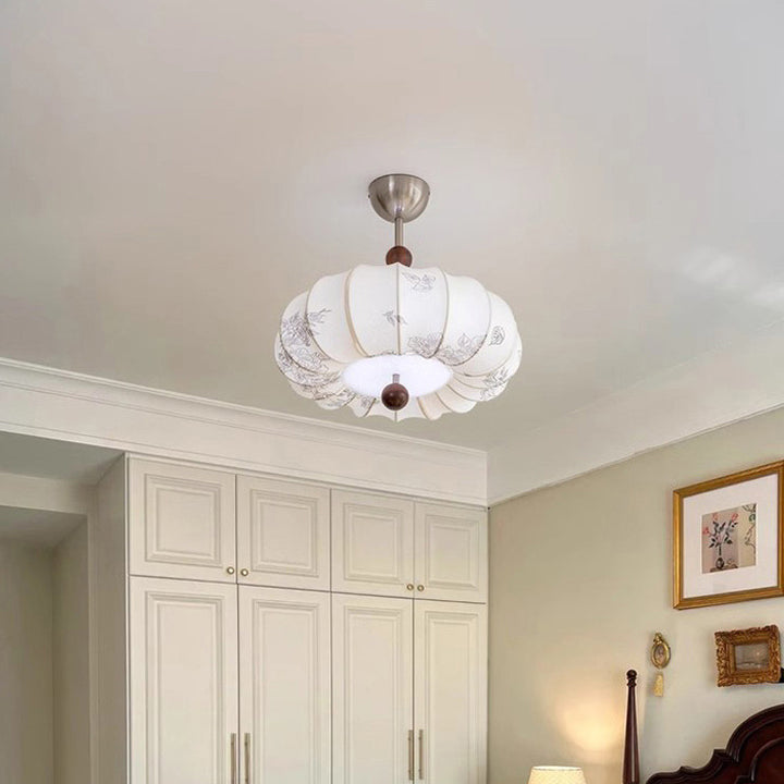 Contemporary Retro Pumpkin Fabric Hardware 1-Light Pendant Light For Living Room