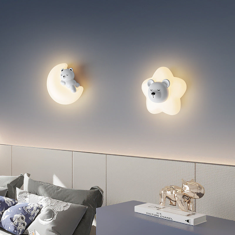 Contemporary Creative Cartoon Animal Rabbit Bear Star Moon Shape PE Iron LED Wall Sconce Lamp For Living Room
