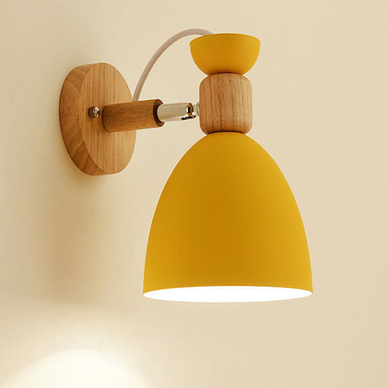 Contemporary Nordic Rotatable Rubberwood Iron Round Trumpet Shape 1-Light Wall Sconce Lamp For Hallway