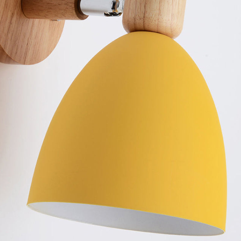 Contemporary Nordic Rotatable Rubberwood Iron Round Trumpet Shape 1-Light Wall Sconce Lamp For Hallway