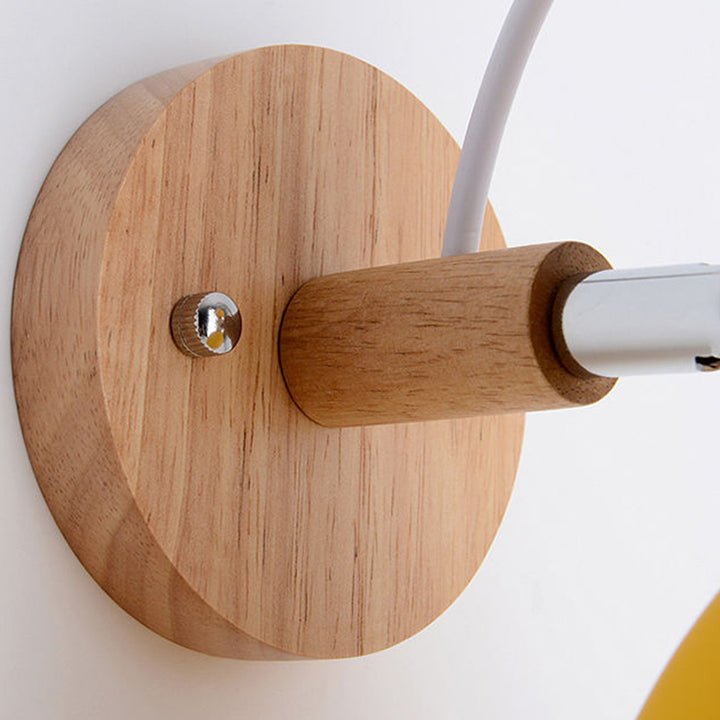 Contemporary Nordic Rotatable Rubberwood Iron Round Trumpet Shape 1-Light Wall Sconce Lamp For Hallway