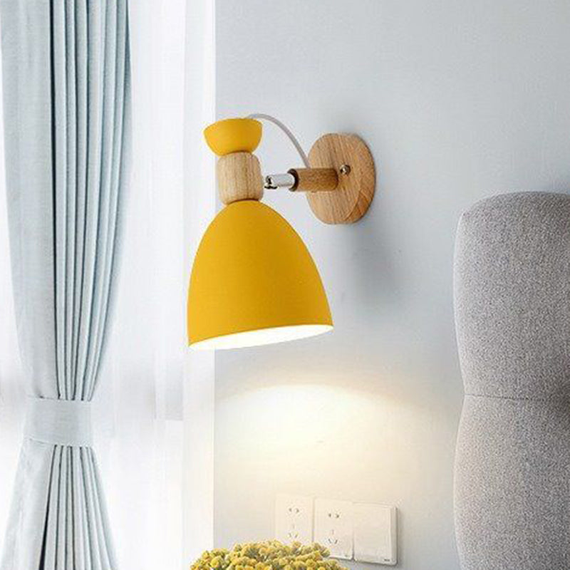 Contemporary Nordic Rotatable Rubberwood Iron Round Trumpet Shape 1-Light Wall Sconce Lamp For Hallway