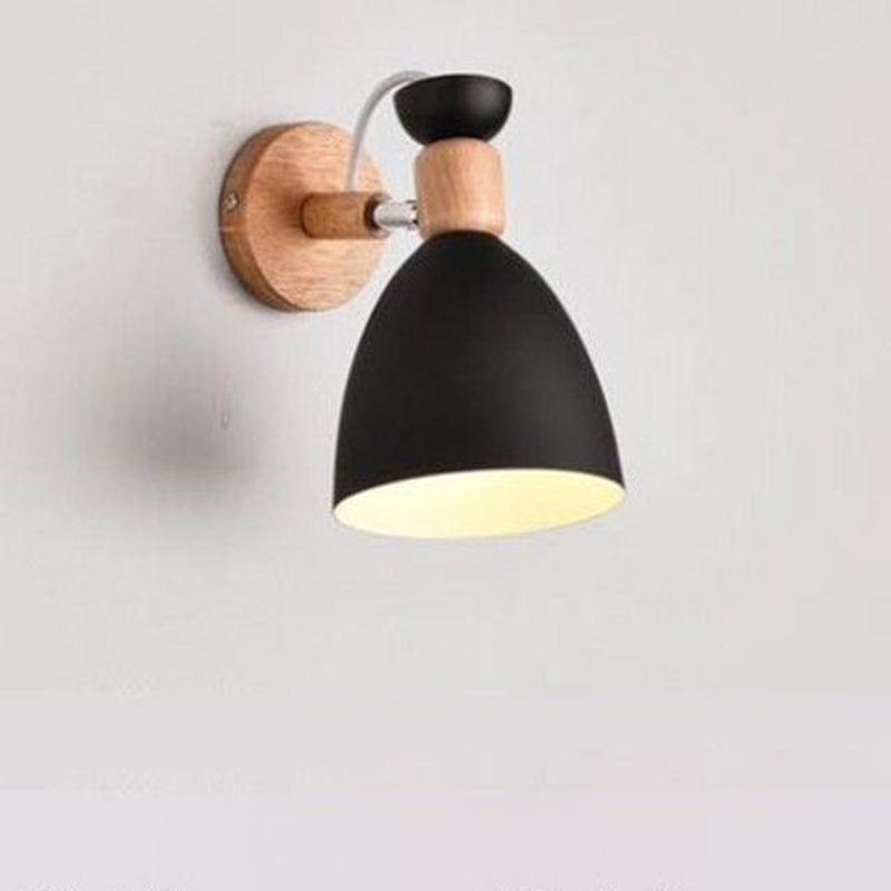 Contemporary Nordic Rotatable Rubberwood Iron Round Trumpet Shape 1-Light Wall Sconce Lamp For Hallway