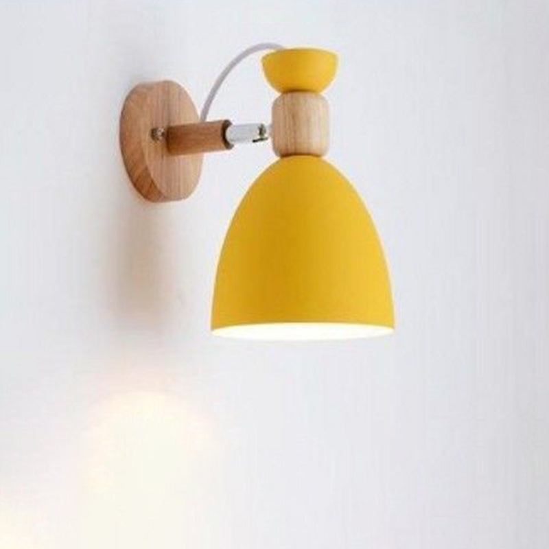Contemporary Nordic Rotatable Rubberwood Iron Round Trumpet Shape 1-Light Wall Sconce Lamp For Hallway