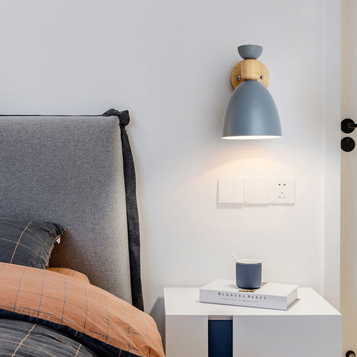 Contemporary Nordic Rotatable Rubberwood Iron Round Trumpet Shape 1-Light Wall Sconce Lamp For Hallway