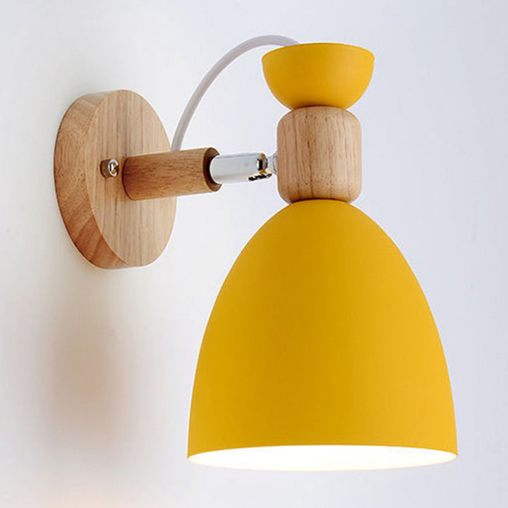 Contemporary Nordic Rotatable Rubberwood Iron Round Trumpet Shape 1-Light Wall Sconce Lamp For Hallway