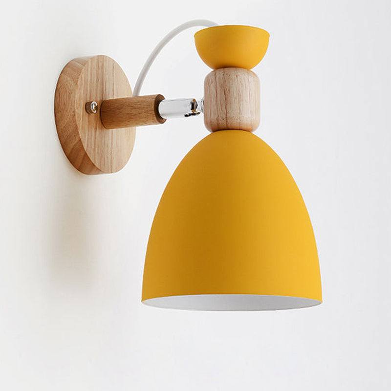 Contemporary Nordic Rotatable Rubberwood Iron Round Trumpet Shape 1-Light Wall Sconce Lamp For Hallway