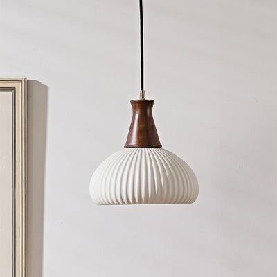 Contemporary Retro Wood Ceramic Pleated Dome 1-Light Pendant Light For Living Room