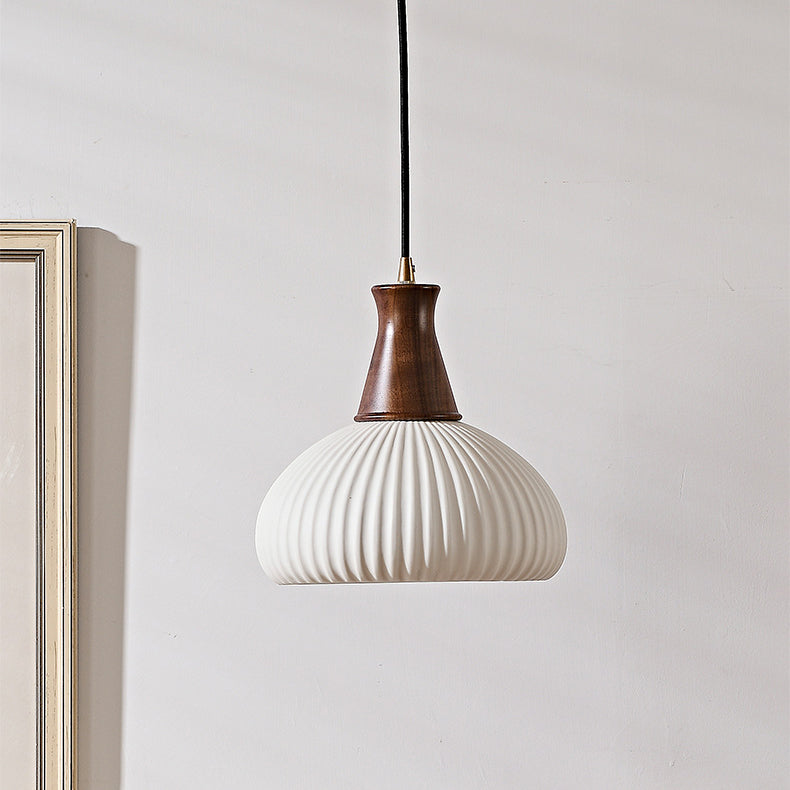 Contemporary Retro Wood Ceramic Pleated Dome 1-Light Pendant Light For Living Room