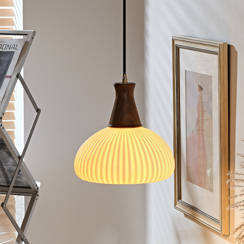 Contemporary Retro Wood Ceramic Pleated Dome 1-Light Pendant Light For Living Room