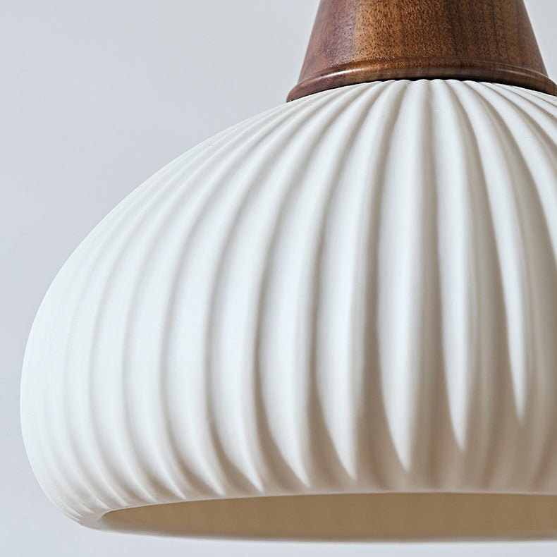 Contemporary Retro Wood Ceramic Pleated Dome 1-Light Pendant Light For Living Room