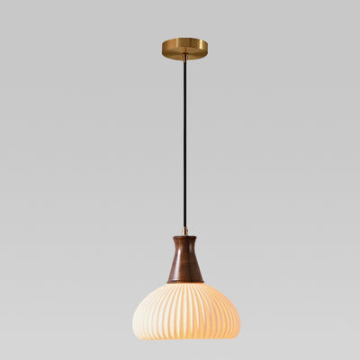 Contemporary Retro Wood Ceramic Pleated Dome 1-Light Pendant Light For Living Room