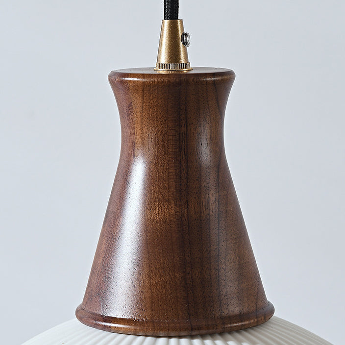 Suspension contemporaine rétro en bois et céramique plissée à 1 lumière pour salon 